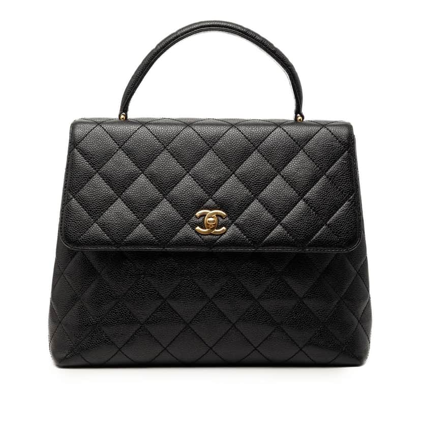 Chanel CC Quilted Caviar Kelly Top Handle Bag Black Leather Very good condition - Front View