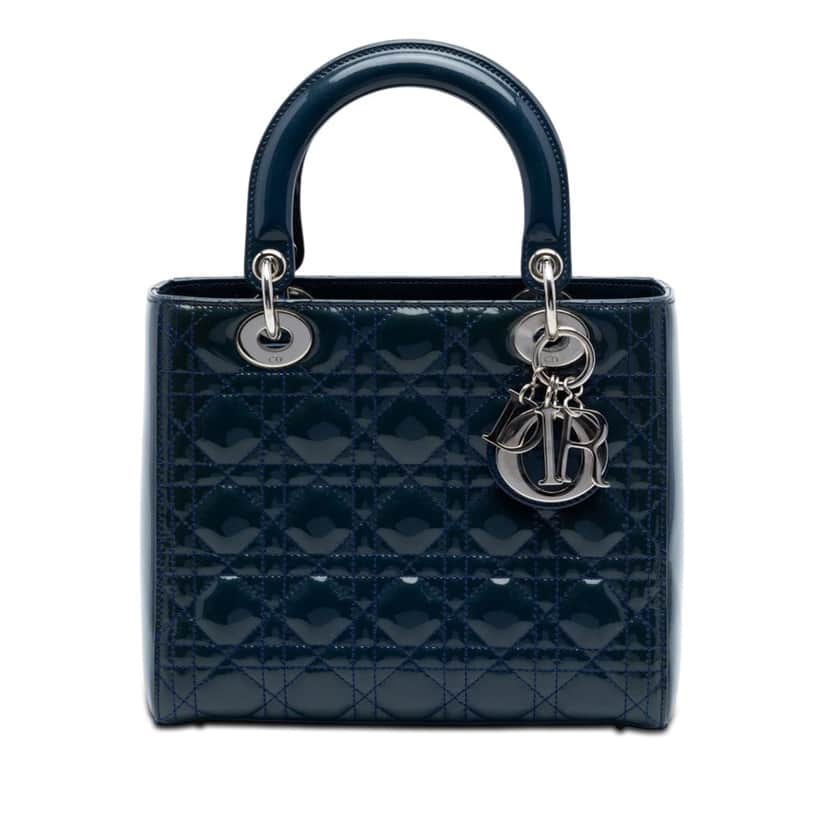 Dior Medium Patent Cannage Lady Dior Blue Leather Very good condition - Front View