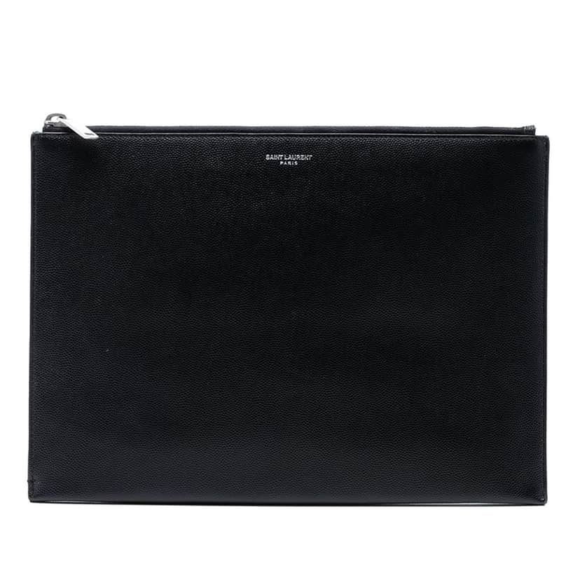Saint Laurent Grained Leather Zip Clutch Black Leather Very good condition - Front View
