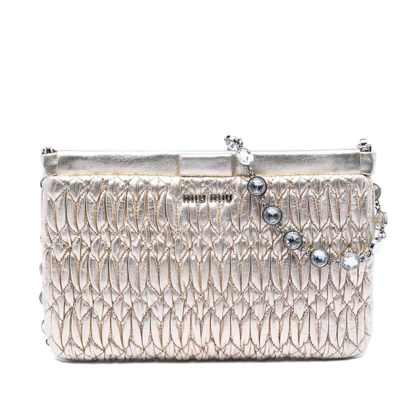 Miu Miu Matelasse Nappa Frame Crystal Chain Shoulder Bag Silver Leather Very good condition - Front View