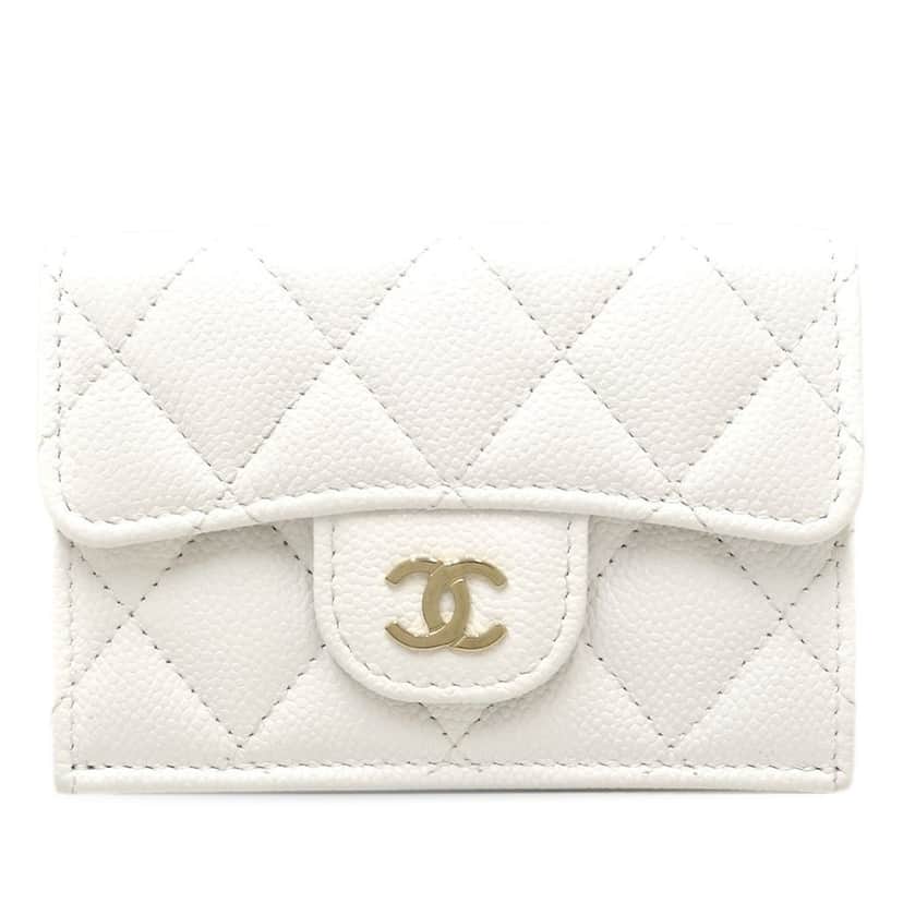 Chanel CC Quilted Caviar Flap Card Holder Wallet White Leather Very good condition - Front View