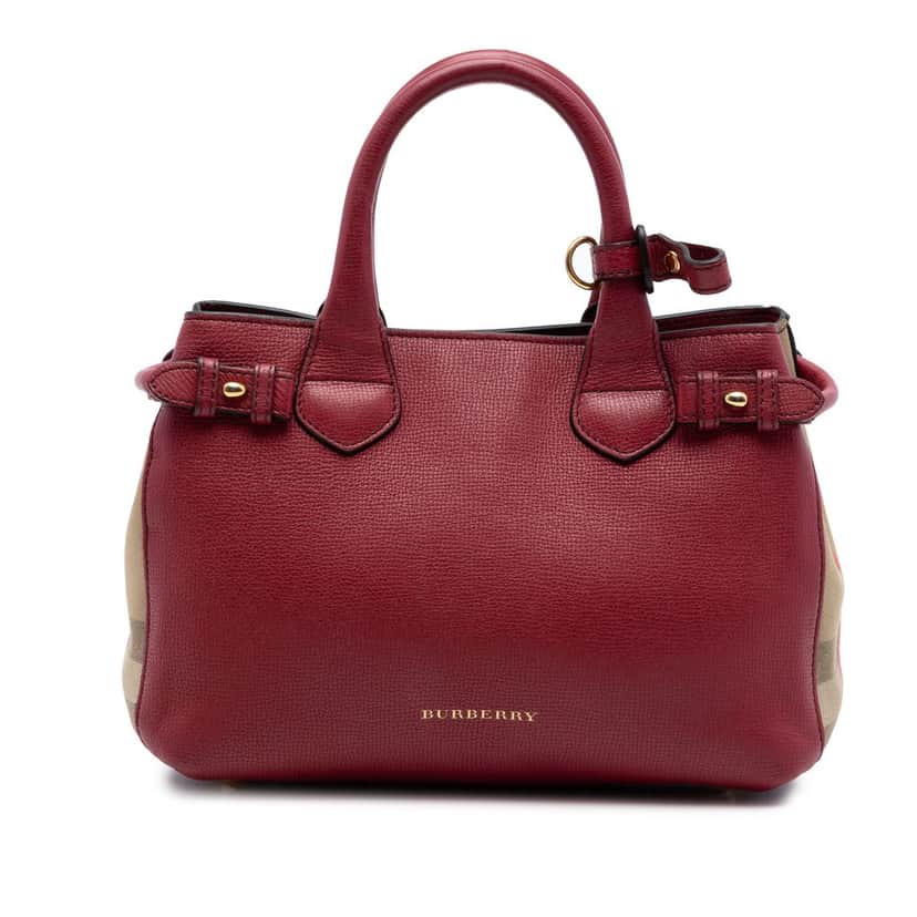 Burberry Small Grainy Calfskin and House Check Banner Satchel Red Leather Very good condition - Front View