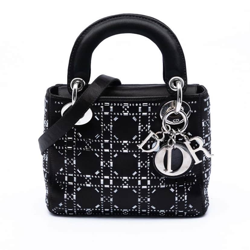Dior Mini Satin Cannage Strass Crystal Embellished Lady Dior Black Very good condition - Front View