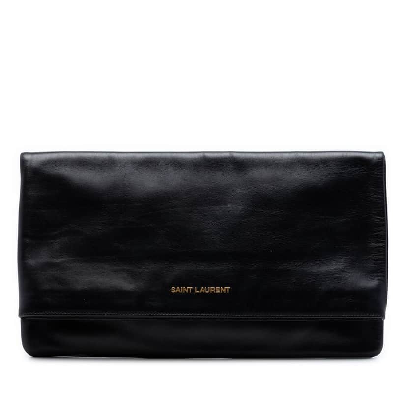 Saint Laurent Leather Letters Fold Over Clutch Black Leather Very good condition - Front View