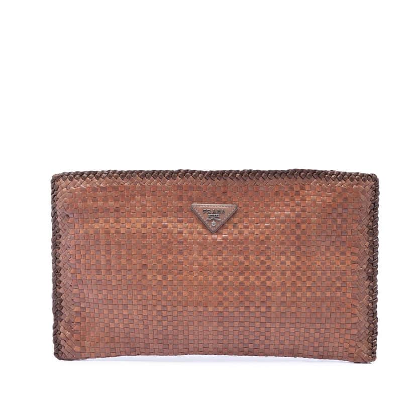 Prada Woven Goatskin Madras Clutch Brown Leather Very good condition - Front View