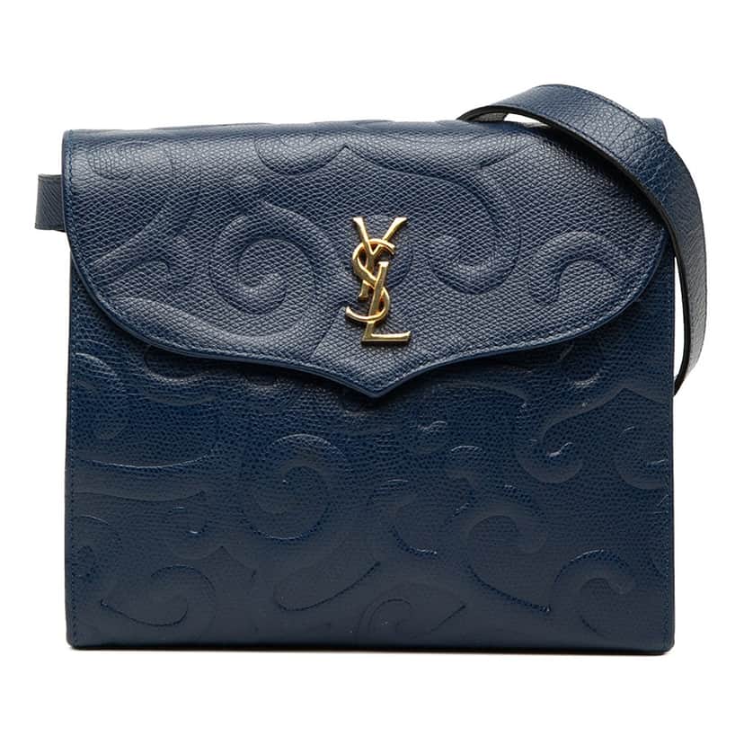 Saint Laurent Embossed Leather Arabesque Crossbody Blue Leather Very good condition - Front View