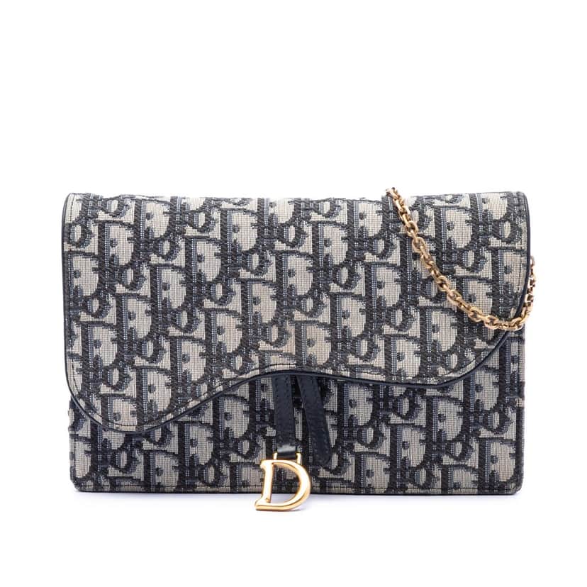 Dior Oblique Canvas Saddle Pouch Wallet on Chain Blue Very good condition - Front View
