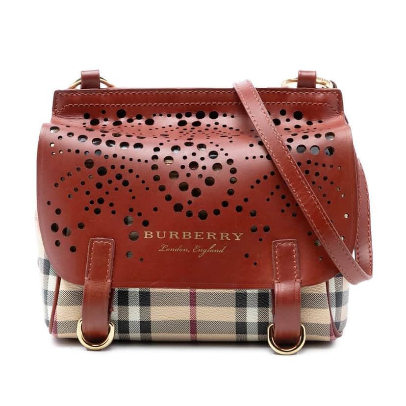 Burberry Baby Haymarket Check Coated Canvas and Perforated Leather Bridle Crossbody Beige Very good condition - Front View
