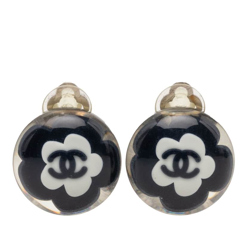 Chanel CC Resin Flower Clip On Earrings Black Plastic Very good condition - Front View
