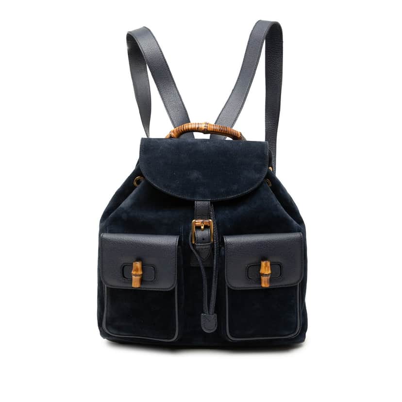 Gucci Suede Bamboo Backpack Blue Leather Very good condition - Front View