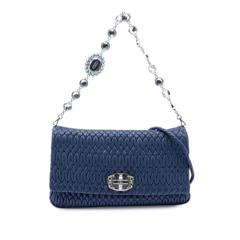 Miu Miu Matelasse Nappa Crystal Chain Satchel Blue Leather Very good condition - Front View