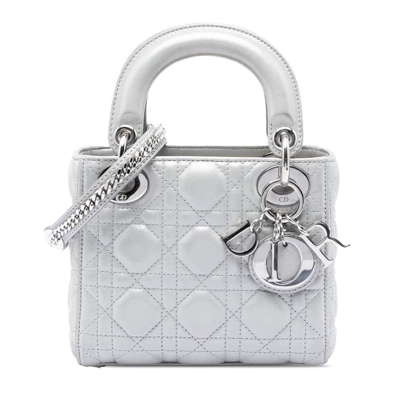 Dior Mini Iridescent Lambskin Cannage Lady Dior Silver Leather Very good condition - Front View