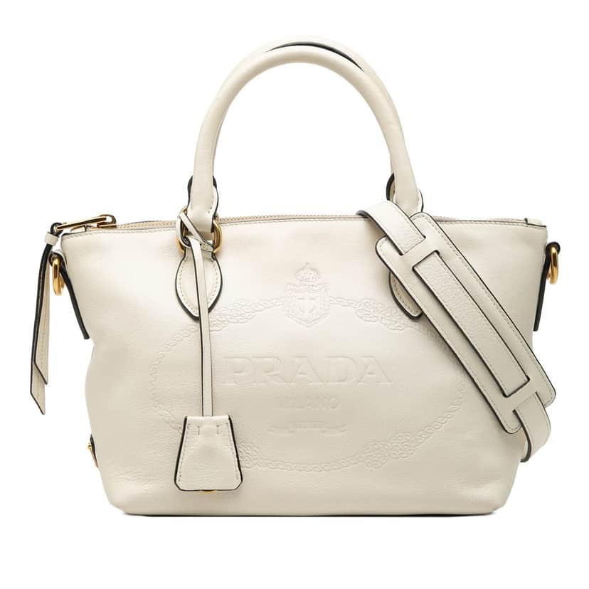 Prada Small Embossed Glace Calf Logo Convertible Satchel White Leather Very good condition - Front View