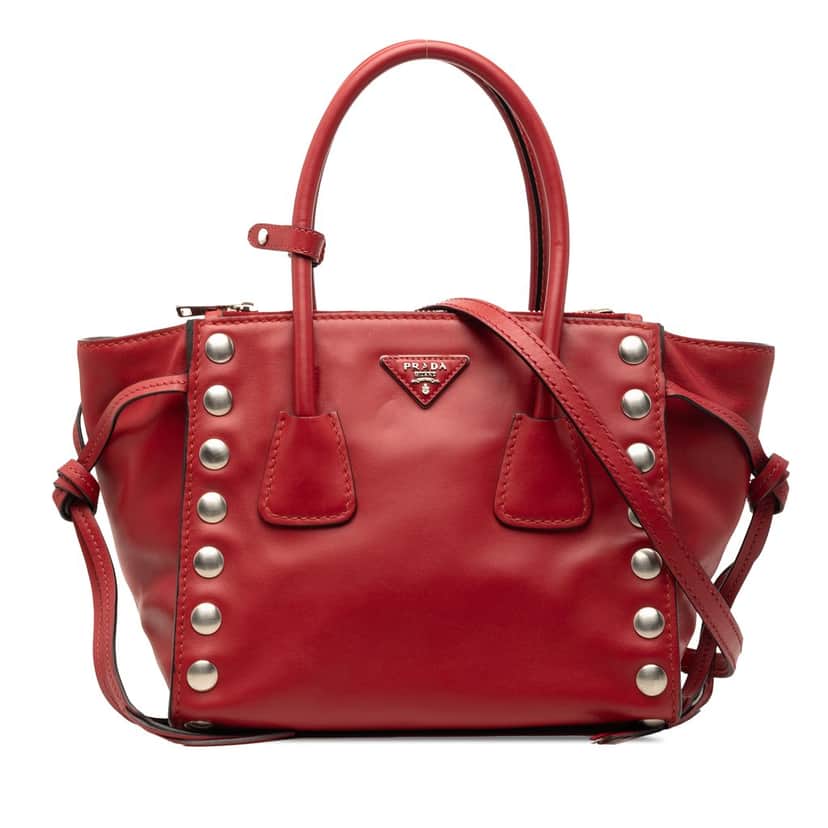 Prada Glace Calf Studded Twin Pocket Satchel Red Leather Very good condition - Front View