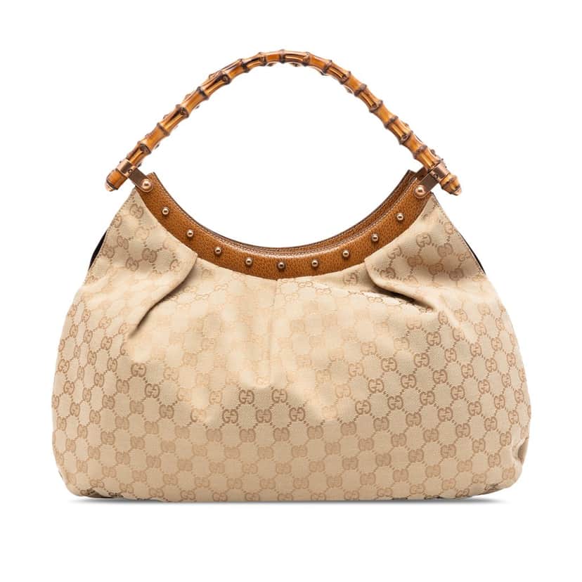 Gucci GG Canvas Bamboo Studded Hobo Beige Very good condition - Front View