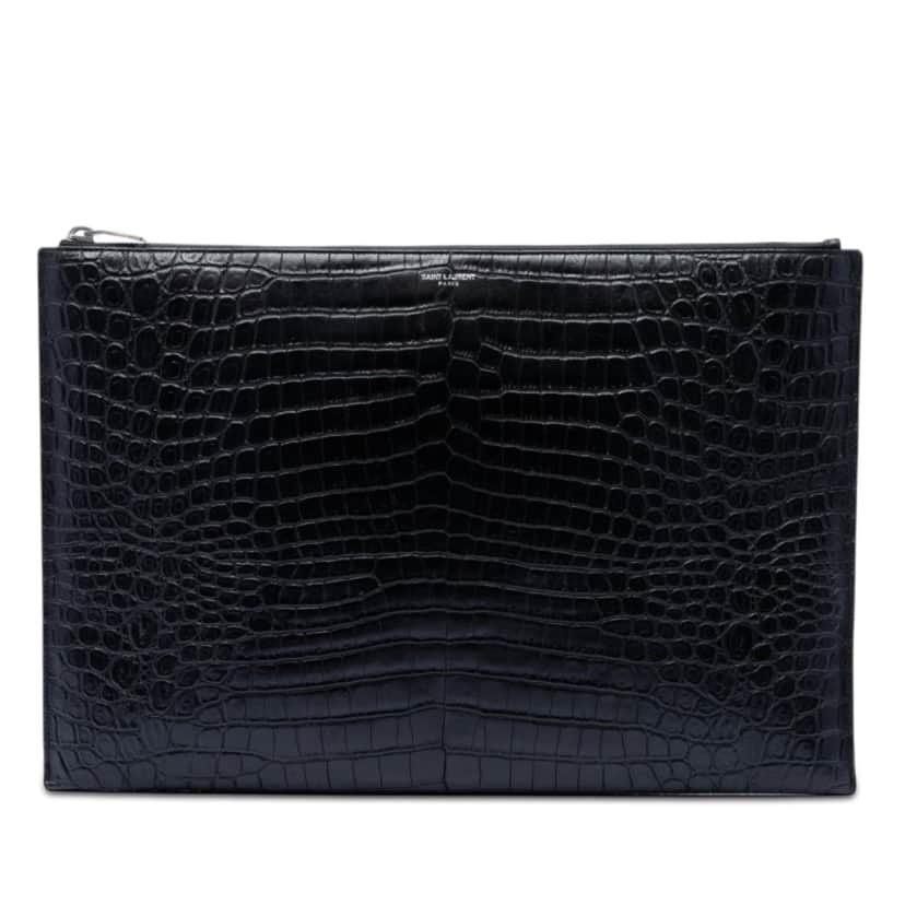 Saint Laurent Croc Embossed Leather Document Holder Black Leather Very good condition - Front View