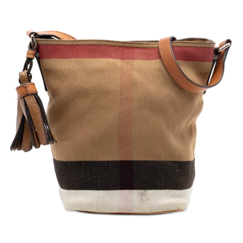 Burberry Mini Mega Check Canvas Ashby Tassel Bucket Bag Brown Very good condition - Front View