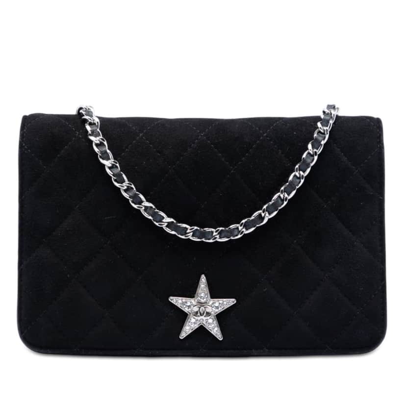 Chanel Quilted Suede Cocostellar Wallet on Chain Black Leather Very good condition - Front View