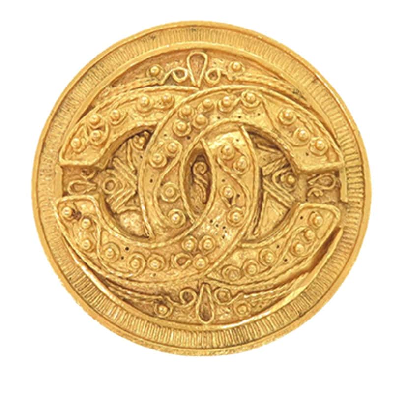 Chanel CC Gold Plated Medallion Pin Brooch Gold Metal Very good condition - Front View