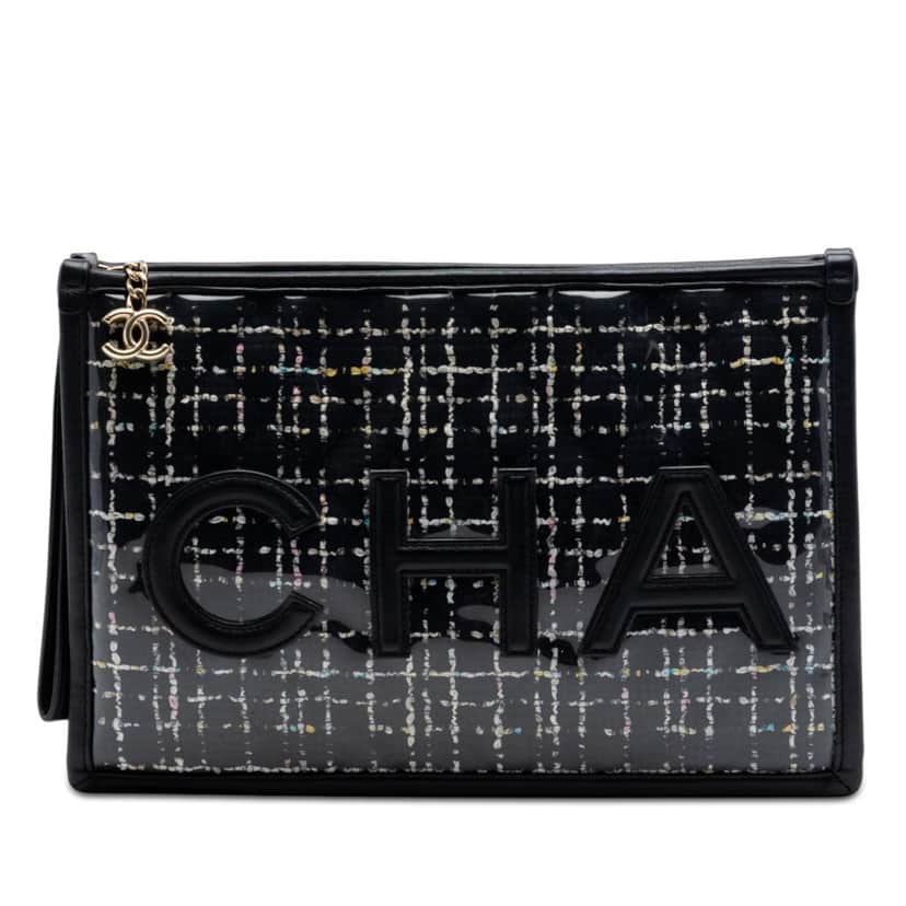 Chanel Large Tweed PVC Logo Wristlet Pouch Black Very good condition - Front View
