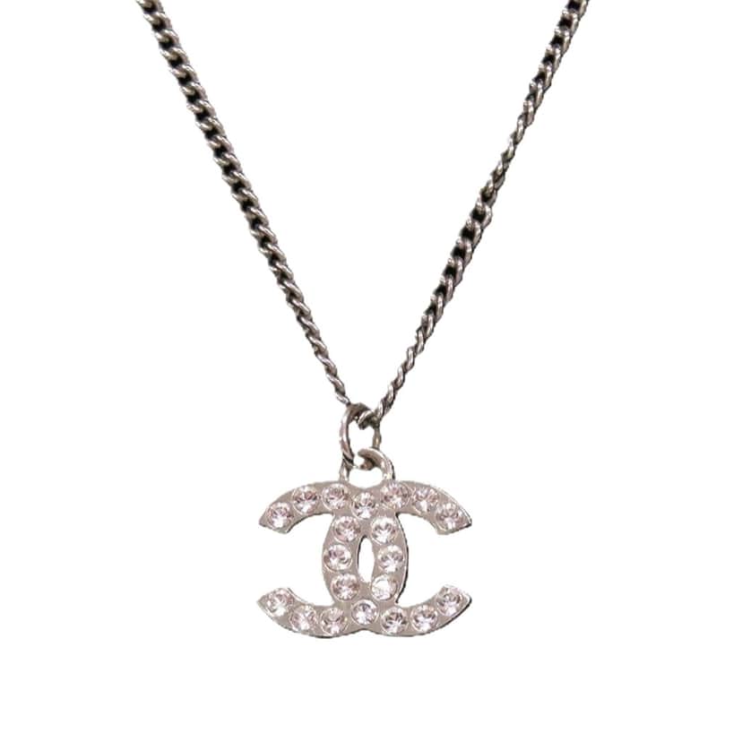 Chanel CC Brass and Strass Pendant Necklace Silver Metal Very good condition - Front View