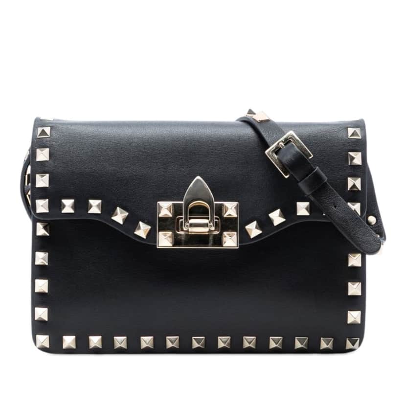 Valentino Small Leather Rockstud Flap Crossbody Black Leather Very good condition - Front View