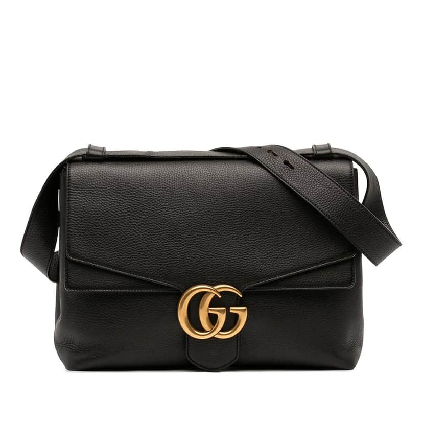 Gucci Large GG Marmont Pebbled Calfskin Flap Shoulder Bag Black Leather Very good condition - Front View