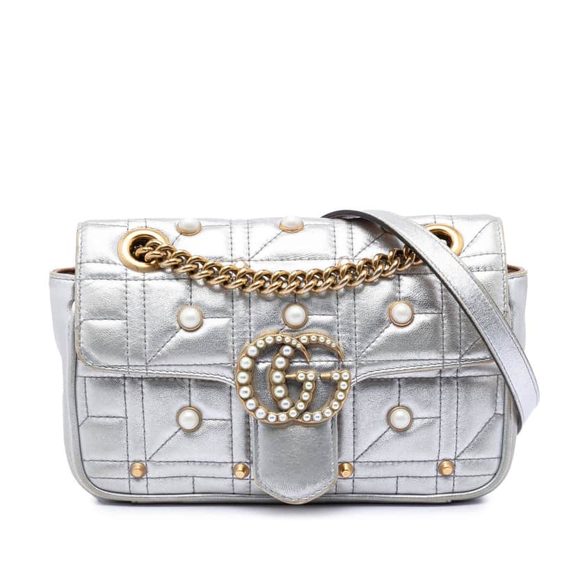 Gucci Small Pearly GG Marmont Pearl Studded Matelasse Leather Shoulder Bag Silver Leather Very good condition - Front View