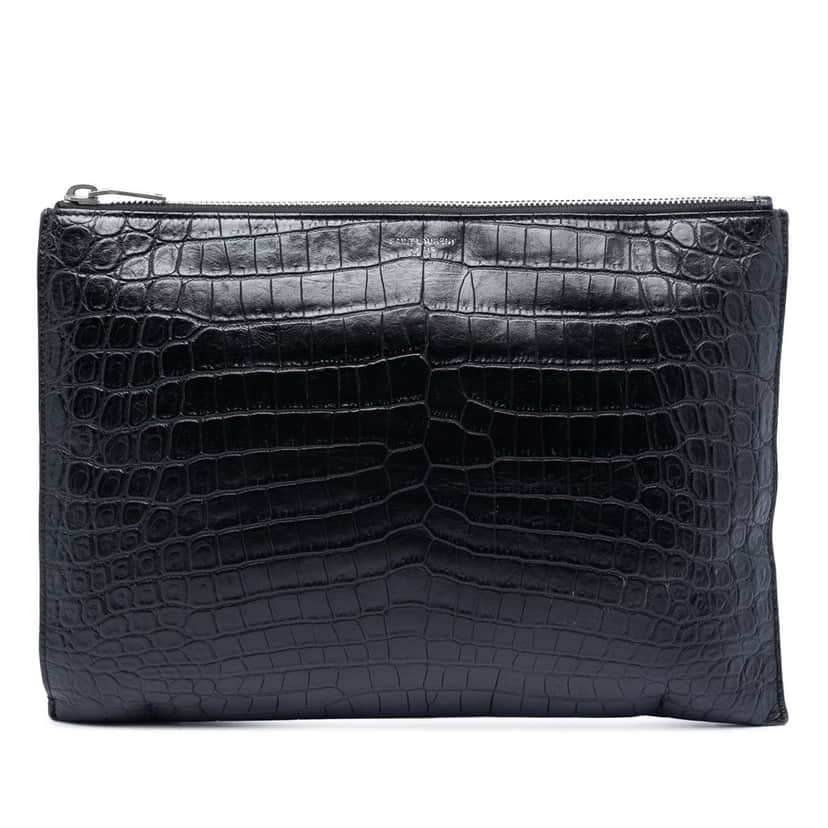 Saint Laurent Crocodile Embossed Leather Zipped Tablet Holder Black Leather Very good condition - Front View
