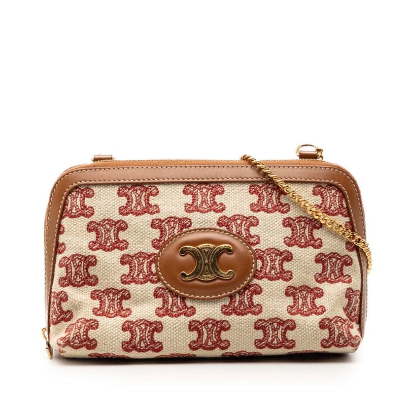 Celine Triomphe Embroidered Canvas Clutch On Chain Beige Very good condition - Front View