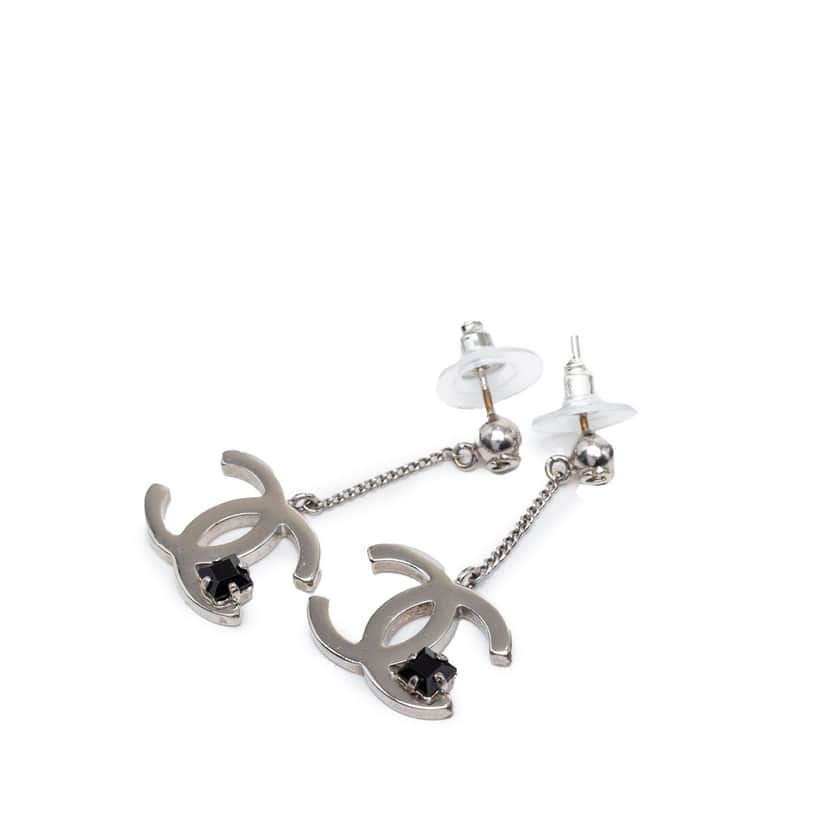 Chanel CC Brass Strass Dangle Push Back Earrings Silver Metal Very good condition - Front View
