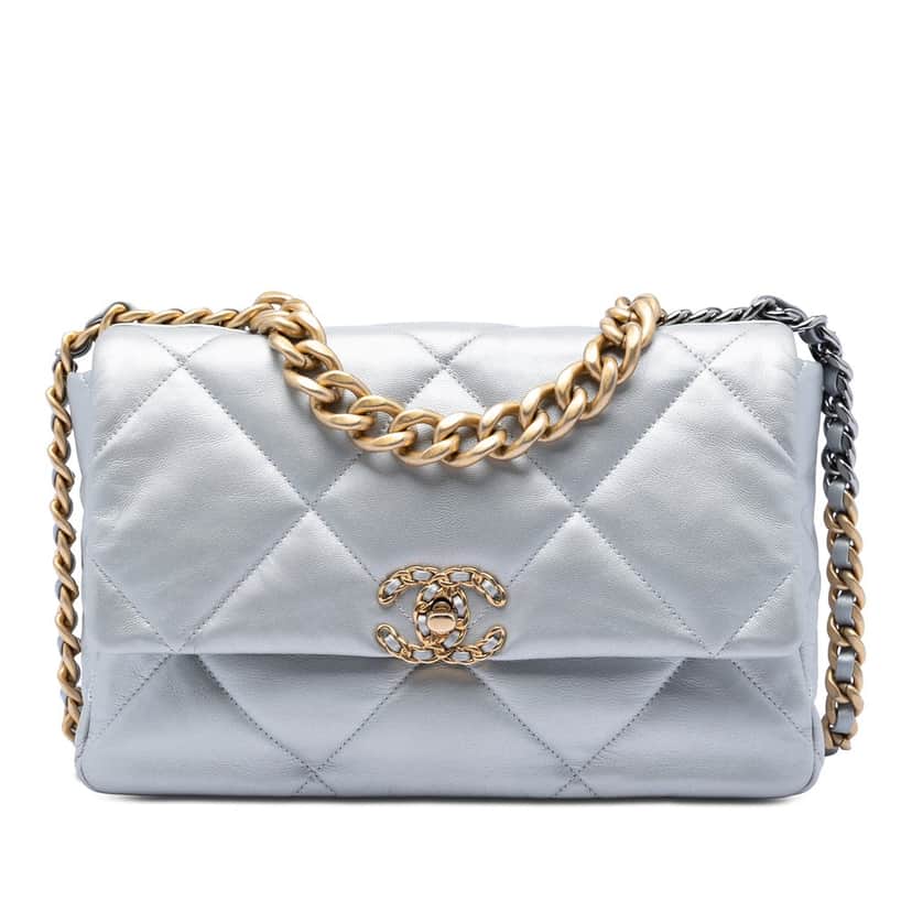 Chanel Large Metallic Lambskin 19 Flap Silver Leather Very good condition - Front View