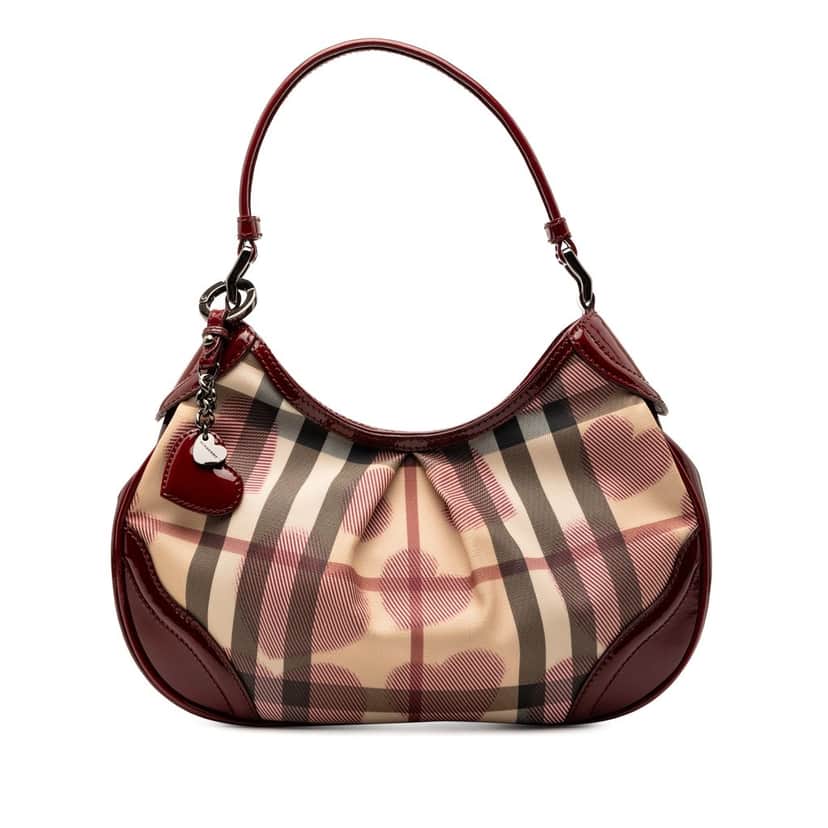 Burberry Small Nova Check Coated Canvas Hearts Hernville Hobo Beige Very good condition - Front View