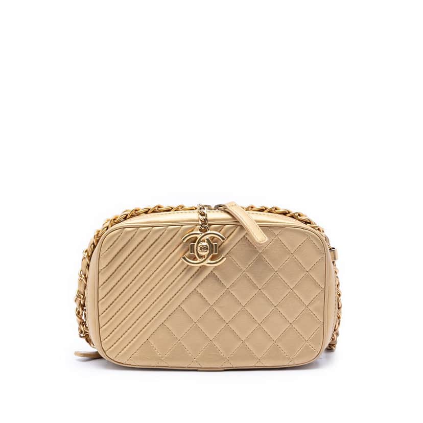 Chanel Small Quilted Lambskin Coco Boy Camera Bag Gold Leather Very good condition - Front View