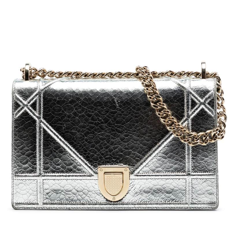 Dior Medium Metallic Crackled Deerskin Diorama Flap Silver Leather Very good condition - Front View