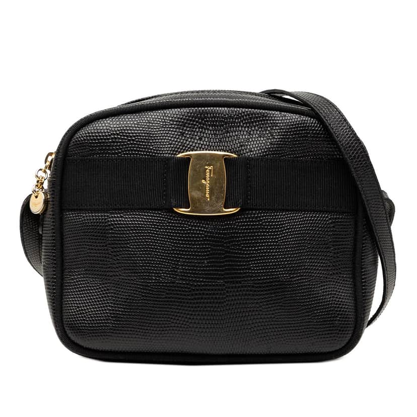 Ferragamo Lizard Embossed Leather Vara Crossbody Black Leather Very good condition - Front View