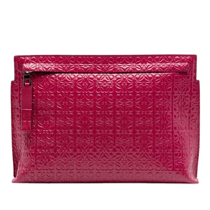 LOEWE Embossed Calfskin Anagram Repeat T Pouch Red Leather Very good condition - Front View