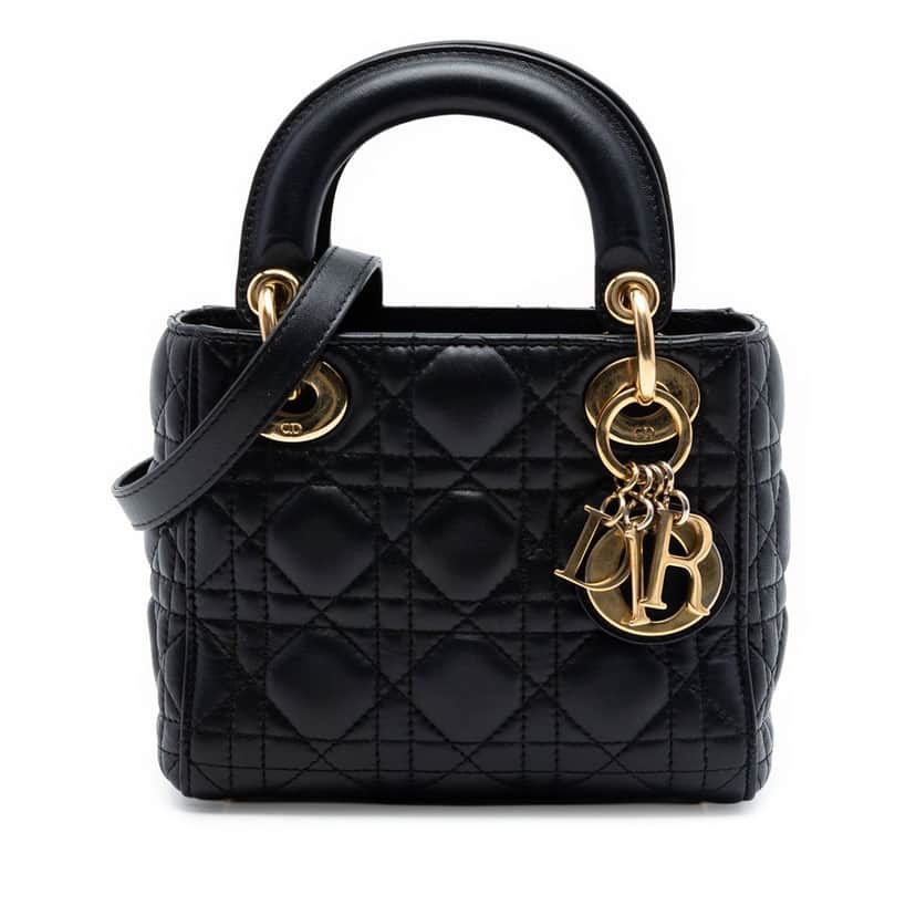 Dior Mini Lambskin Cannage Lady Dior Black Leather Very good condition - Front View