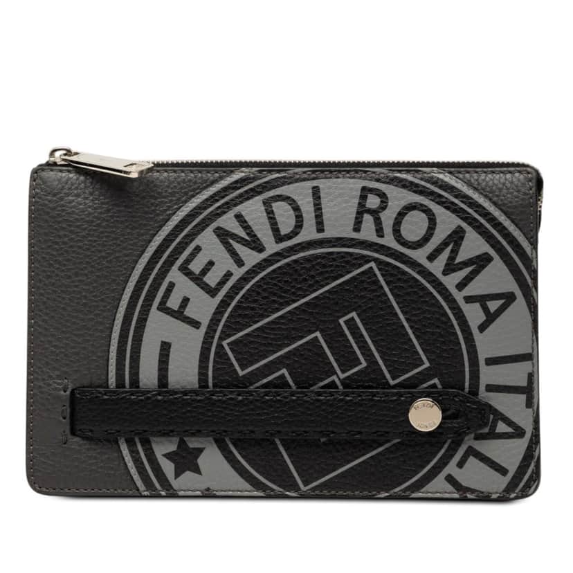 Fendi Grained Leather Roma Selleria Zip Clutch Black Leather Very good condition - Front View