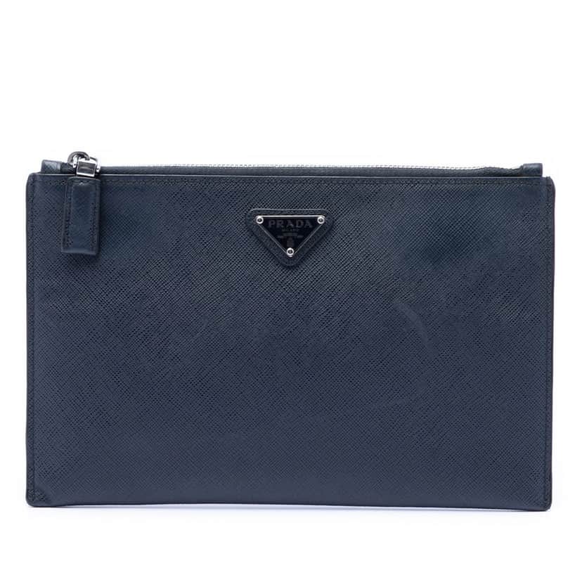 Prada Saffiano Clutch Blue Leather Very good condition - Front View