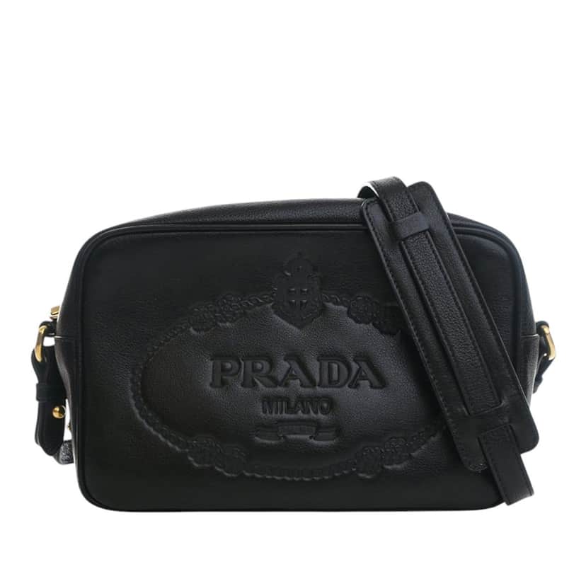 Prada Small Embossed Calfskin Canapa Logo Camera Bag Black Leather Very good condition - Front View