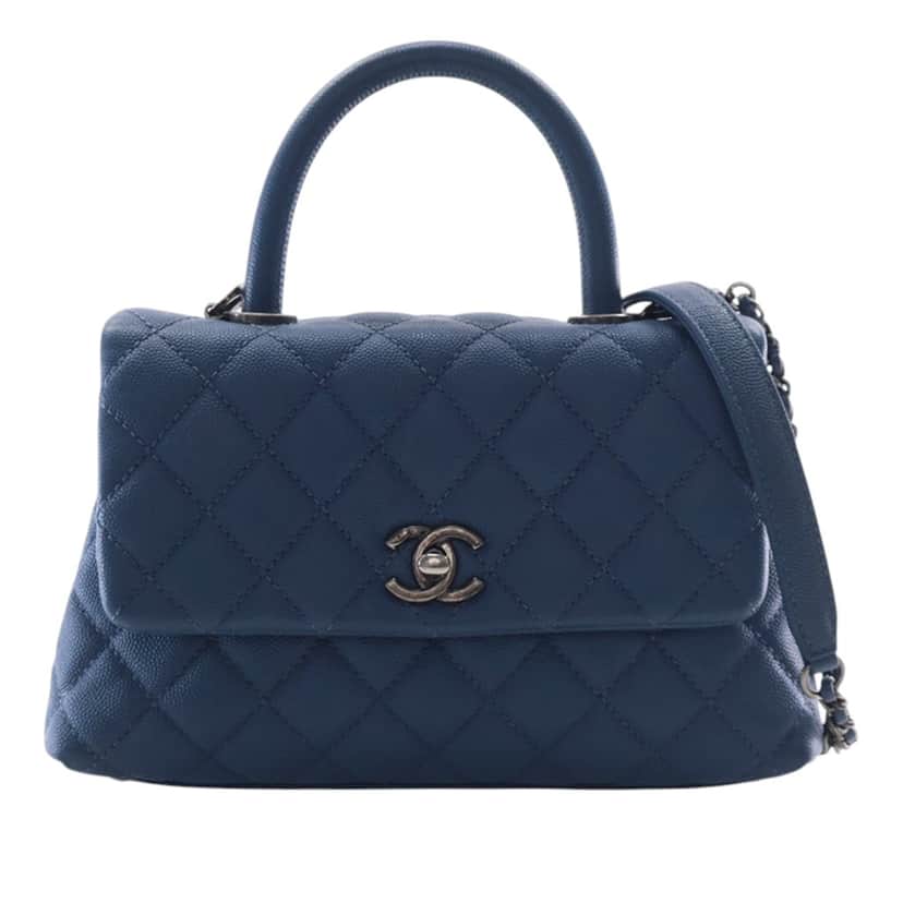 Chanel Mini Quilted Caviar Coco Top Handle Bag Blue Leather Very good condition - Front View