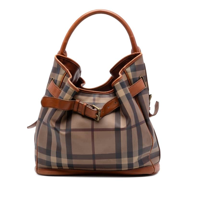 Burberry Medium Smoke Check Coated Canvas Walden Belted Hobo Brown Very good condition - Front View