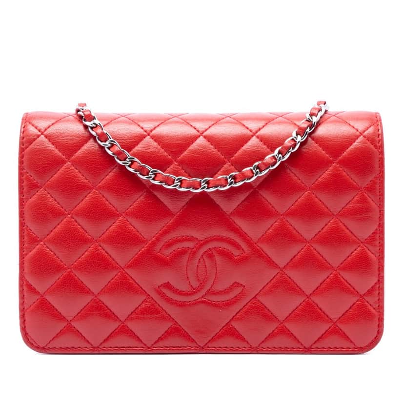 Chanel Stitched CC Quilted Lambskin Wallet on Chain Red Leather Very good condition - Front View