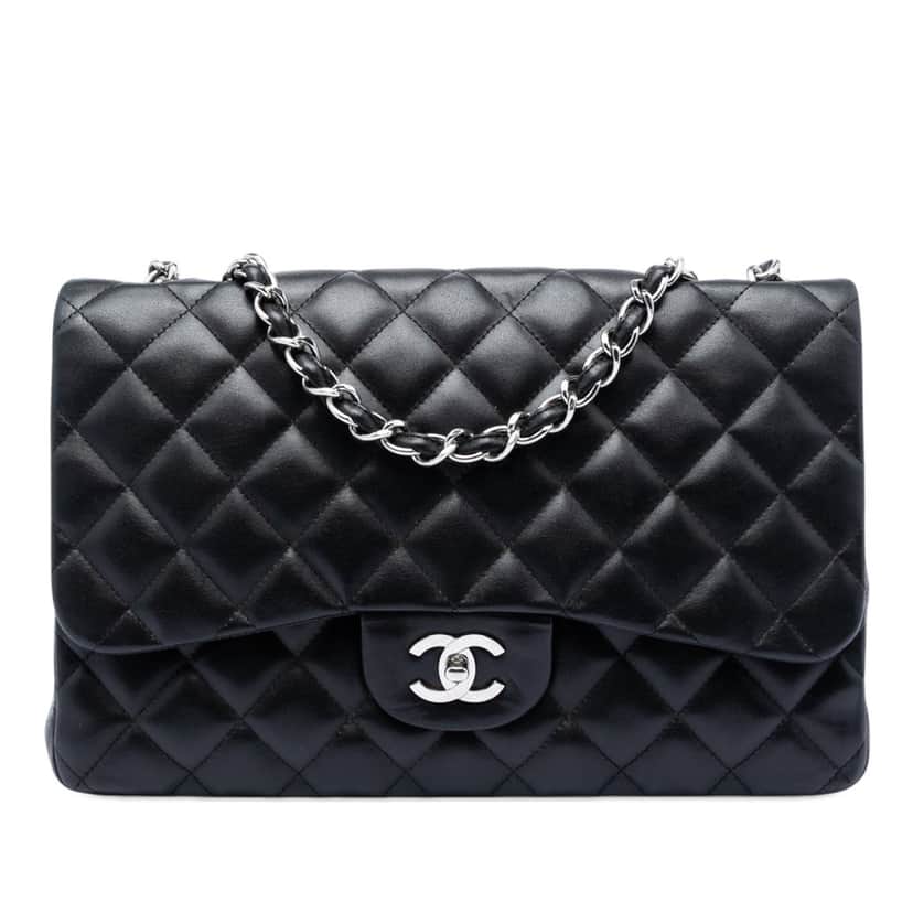 Chanel Jumbo Classic Lambskin Single Flap Black Leather Very good condition - Front View