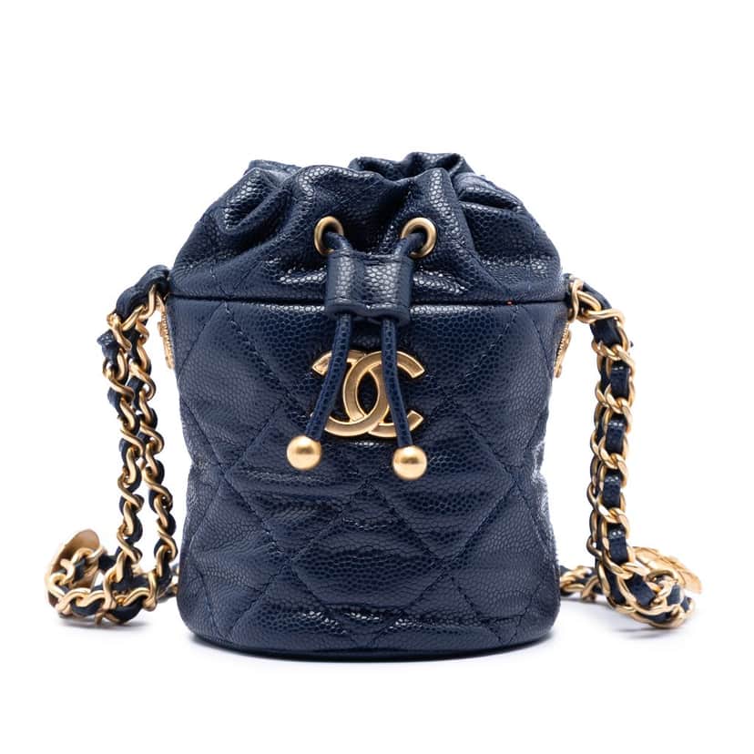 Chanel Mini Quilted Caviar Medallion Charms Drawstring Bucket Bag Blue Leather Very good condition - Front View