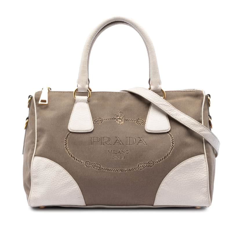 Prada Vitello Daino Trimmed Canvas Canapa Logo Satchel Brown Good condition - Front View