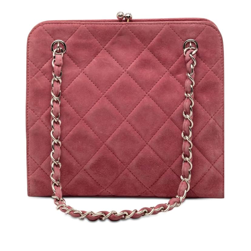 Chanel CC Quilted Suede Kiss Lock Handbag Pink Leather Very good condition - Front View