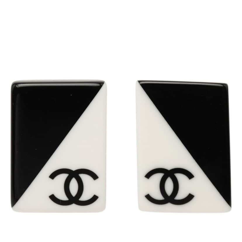 Chanel CC Bicolor Acrylic Rectangular Clip On Earrings Black Plastic Very good condition - Front View