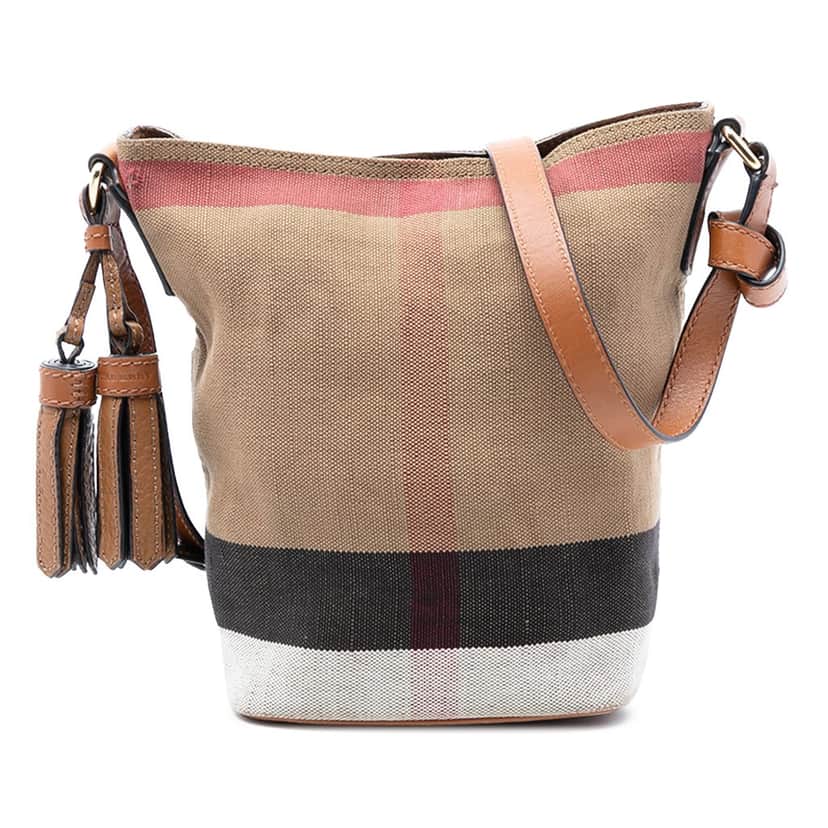 Burberry Mini Mega Check Canvas Ashby Tassel Bucket Bag Brown Very good condition - Front View
